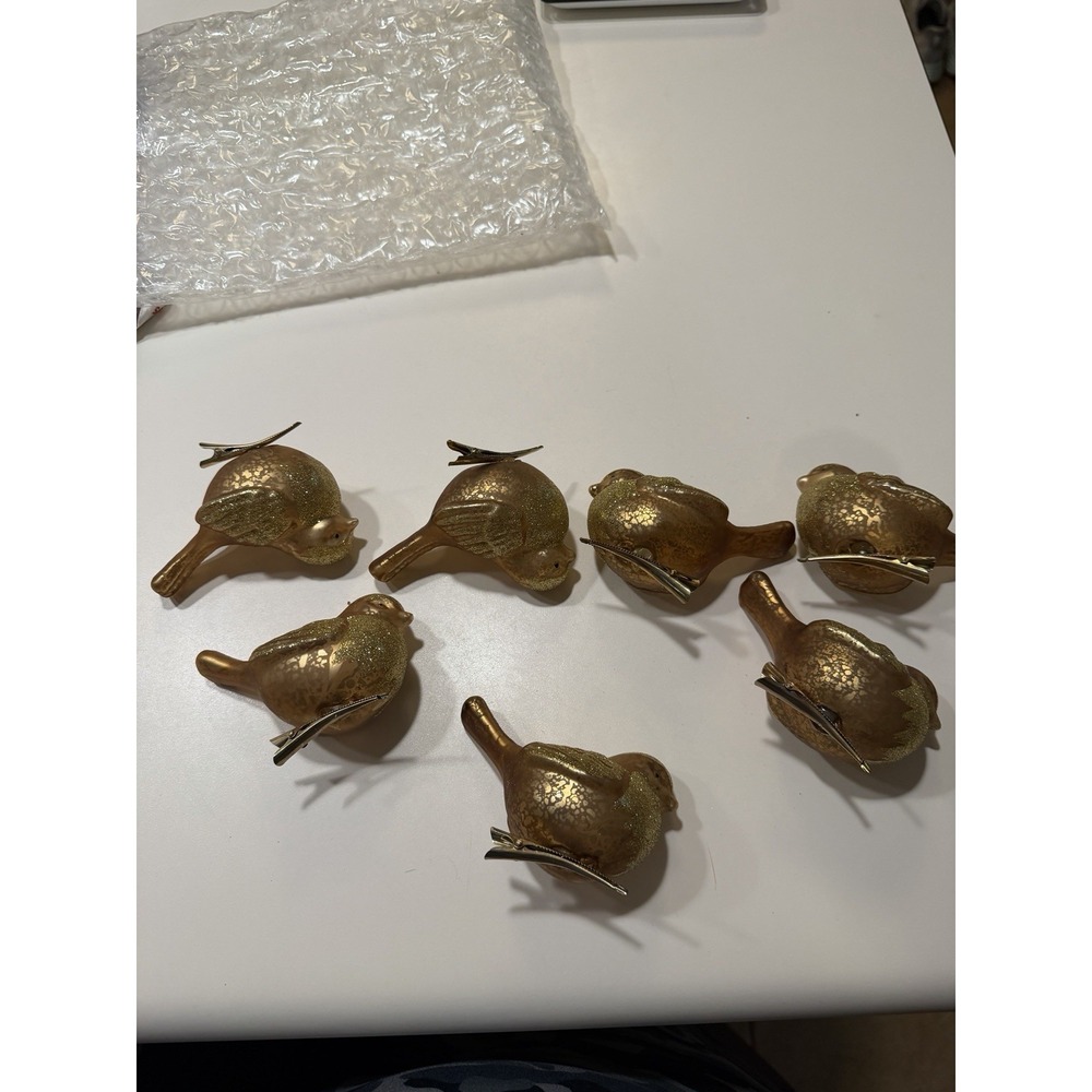 Pier 1 Imports Seven Frosted Gold Glass Bird Clip On Ornament Glitter 4"